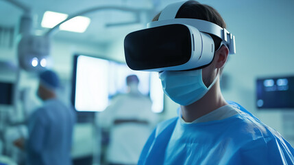 Surgeon man using virtual reality headset in modern operating room