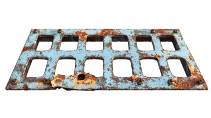 Old rusty metal plate with multiple holes and textured surface displayed on a rustic background
