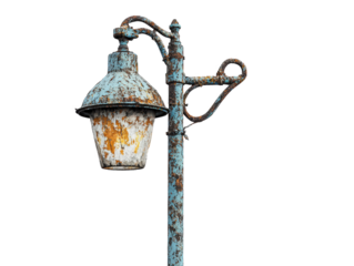 Rusty street light on a pole against a plain white background with no other objects or distractions