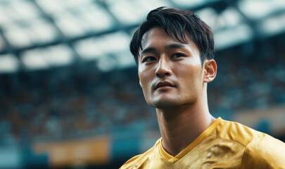 Asian soccer player wearing a blue jersey is captured in a brightly lit stadium, with the grand scale of the arena accentuating his intensity.