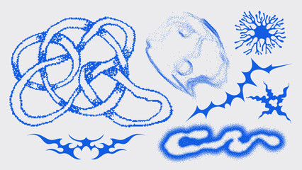 Blue abstract shapes and patterns with a retro pixel art style.