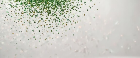 Individual pieces of bright green confetti floating around in the air near a white background, bright green confetti, isolated confetti, party element
