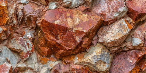 Rusty iron-rich stone background with reddish-brown mineral deposits and rough texture.