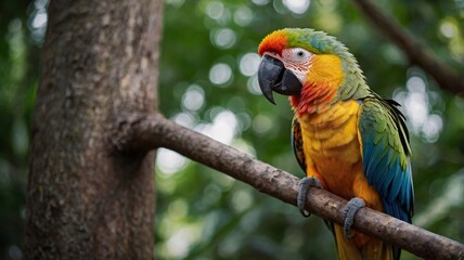 Colorful Parrot, Colorful macaws perched on branch in tropical setting, Close-up picture of cute colorful macaw on tree branch in forest background