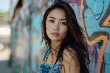 Naklejka premium Exuding cool confidence, a young woman with black hair in denim overalls stands boldly against a graffiti covered wall, matching the urban, artistic setting.