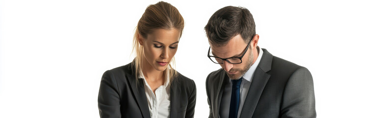 a businessman and businesswoman reviewing content on a laptop, portraying focus, professionalism, and teamwork. It is perfect for corporate marketing and business presentations.