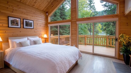 Cozy cabin bedroom with lake view, sliding doors to deck, forest background