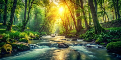 Vintage Forest Stream: Serene Nature Photography, Lush Greenery, Crystal Clear Water