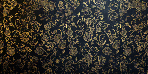 Dark matte background with intricate gold floral patterns, sophisticated Victorian-style filigree, opulent and high-class aesthetic