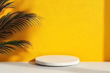 Obraz premium Minimalist display platform with yellow backdrop.