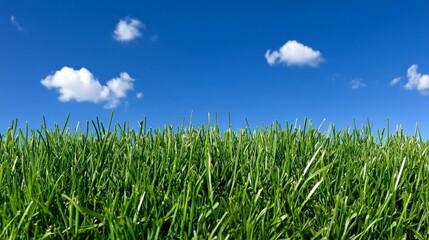 Obraz premium Blue Sky and Grass: A vibrant landscape scene featuring a lush field of green grass under a vivid blue sky dotted with fluffy white clouds.