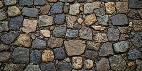 Fototapeta premium Antique cobblestone street background with worn-out irregular stones, medieval and rustic feel.