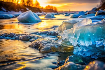 Vintage Ice Flowing River Edge - Cold Winter Scene Stock Photo