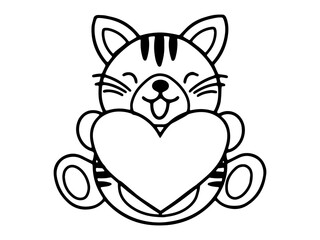 Valentine Day Tiger Holding Heart Line Art