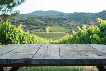 Naklejka premium rustic wooden tabletop set against a blurred backdrop of lush vineyard landscape, evoking a sense of tranquility and charm