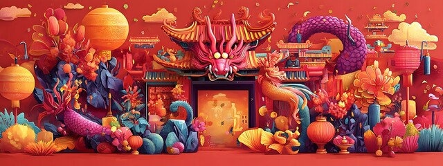 Vibrant Chinese New Year gate with dragons, lanterns, and flowers.