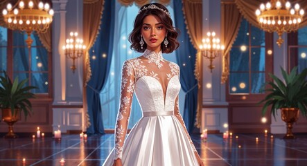 Pearl white satin gown with floral lace sleeves in candlelit ballroom young Hispanic woman shoulder length brunette hair background illustration portrait