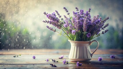 Vintage Lavender Bouquet in White Vase with Water Droplets - Still Life Photography