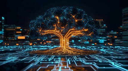 Vibrant digital tree with glowing circuits and data streams symbolizing the growth and evolution of intelligence and technological progress within the natural ecosystem