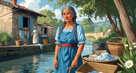 Fototapeta premium Peasant woman plain blue dress with apron in riverside laundry elderly Hispanic woman long gray braids background illustration portrait