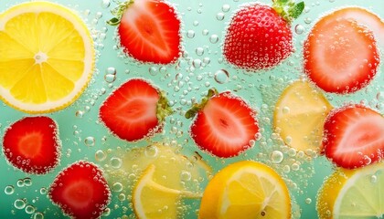 Sliced strawberries and lemons floating in sparkling water