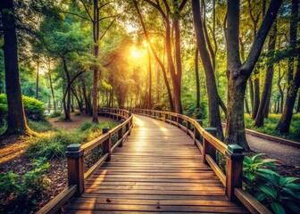Obraz premium Vintage Park Boardwalk: Rustic Wooden Pathway Through Lush Trees