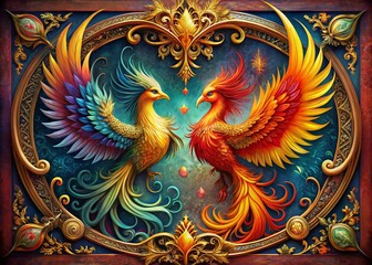 Fototapeta premium Vintage Phoenix Birds Frame, Text Space, Mythical Creature, Fantasy Design, High-Resolution Stock Photo