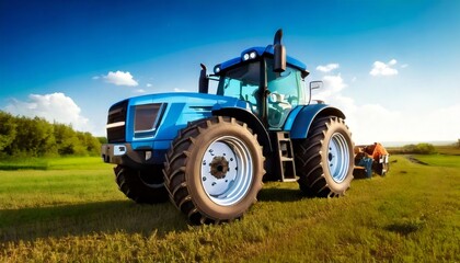 Obraz premium Blue tractor working in a green field on a sunny day
