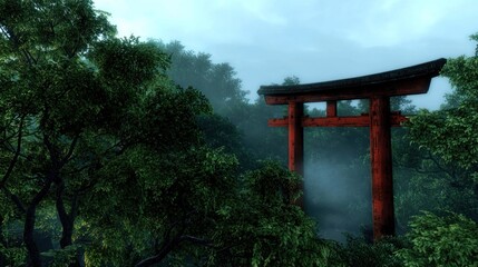Serene Torii Gate Surrounded by Lush Greenery in Misty Forest Setting