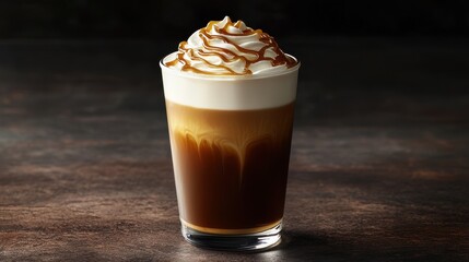 A delicious layered coffee drink topped with whipped cream and caramel drizzle, served in a clear glass against a dark backdrop.