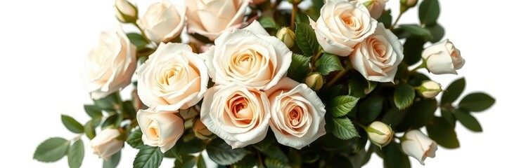 lush and full of life white roses in a bouquet isolated on white, rustic elegance, peaceful haven