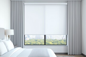 Fototapeta premium Modern bedroom with white roller blinds.