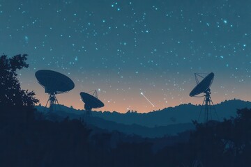 satellite dishes sprawling across a landscape, receiving signals from outer space, silhouetted against a starry night sky with radio frequency waves emanating