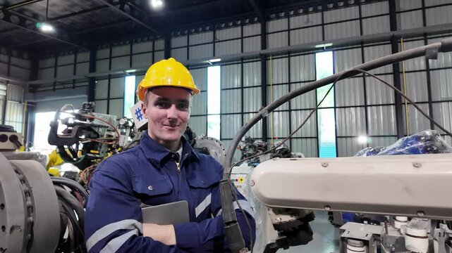 Industrial Worker with Hard Hat: A proud industrial worker, donning a yellow hard hat and blue uniform, stands confidently amidst a busy factory floor, holding a notebook.