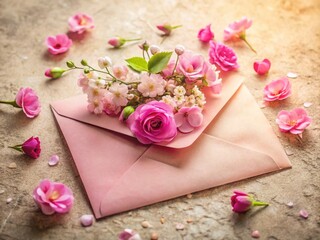 Vintage Pink Envelope, Blank Paper, Flowers on Beige Stone Background - Stock Photo