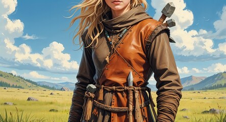 Primitive leather tunic with stone tools attached in a grassy plain setting Teen Caucasian female messy blonde hair background illustration portrait