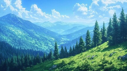 Fototapeta premium Majestic mountains tower in the distance, adorned with vibrant green trees. Sunlit valleys stretch below, inviting tranquility in a peaceful natural setting during a bright day