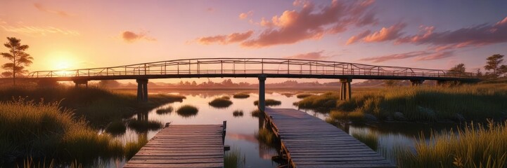 Majestic bridge spanning a serene marsh at sunset , evening sky, orange glow