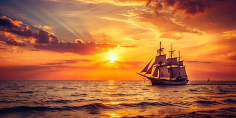 Obraz premium Vintage Seascape: Distant Sailing Ship at Sunset - Stock Photo
