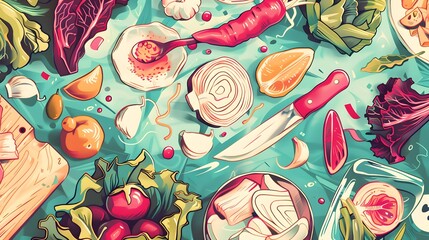 Naklejka premium Illustration of Illustrated cookbook cover featuring trendy vegan dishes, freehand revival illustrations, vibrant ingredients Ai Generate.