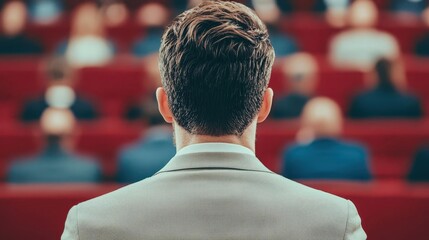 Leadership coach speaking to an audience in a seminar, inspiring personal and professional growth