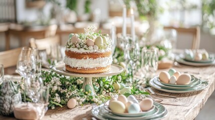 Naklejka premium Cozy Easter brunch table with a rustic wooden setup, fresh greenery, pastel-colored eggs, and a homemade cake. Natural daylight and warm tones