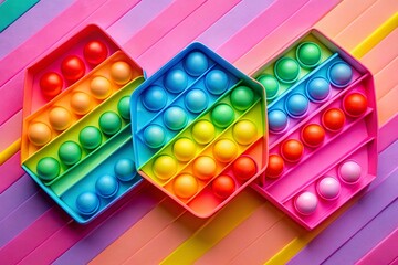 Vintage Style Colorful Rainbow Pop It Toys on Pink Geometric Background