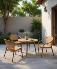 Fototapeta premium Minimalist backyard decor with simple wicker chairs and wooden table, minimalist, patio, neutral tones