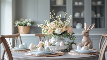 Elegant Easter dining setup with a cozy round table, a floral centerpiece, pastel eggs, a rabbit sculpture, and a homemade cake