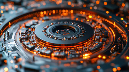 A futuristic, illuminated hard drive or data storage component with glowing circuit elements