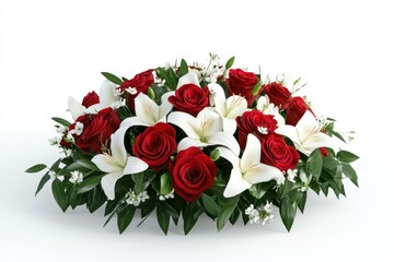 Beautiful Floral Arrangement of Red Roses and White Lilies with Green Foliage on White Background