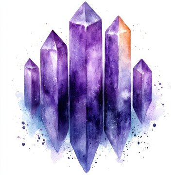 Watercolor purple crystal amethyst cluster hand drawn painting illustration isolated on white background tanzanit gem stones for design fashion advertising