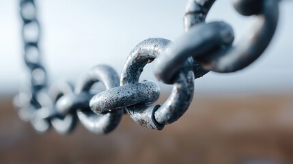Naklejka premium Heavy steel chain links connected together outdoors under a soft overcast sky.