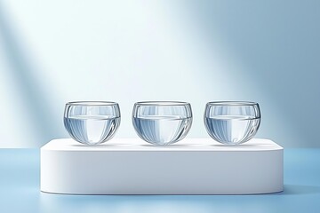 White podium with glass balls on a blue background for product presentation. Minimal concept and hard sunlight. , isolated on white background,  , copy space for text,